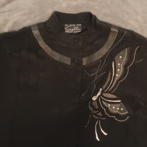 Vintage 80s Suzelle Black Silk Statement Blouse - Sz 4 - Embroidered Butterfly